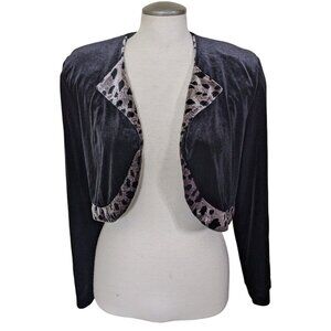 Womens Cropped Open Jacket Womens Size S Black Velvet Leopard Print Collar Shrug